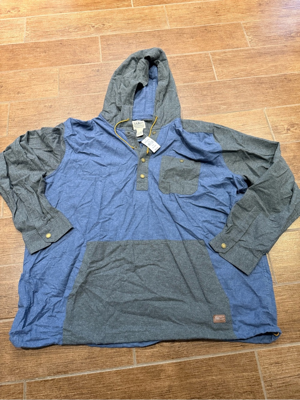 L.L. Bean Two-Tone Blue and Gray Hooded Henley Pullover